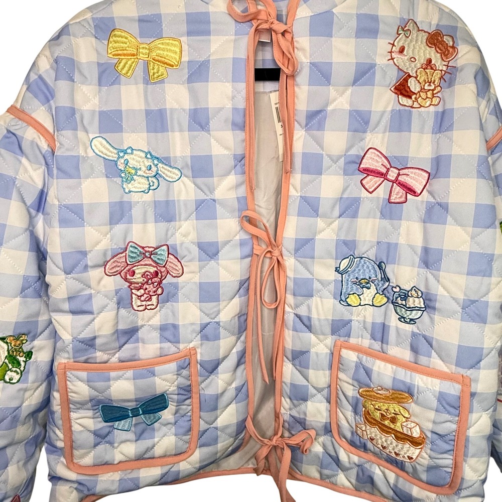 Sanrio Hello Kitty Friends Quilted Jacket Womens M Blue Gingham NWT Embroidered - Picture 2 of 7